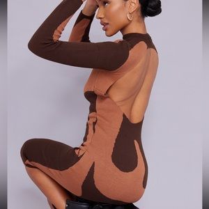 PLT Abstract Print Brown High Neck Backless Midi Dress